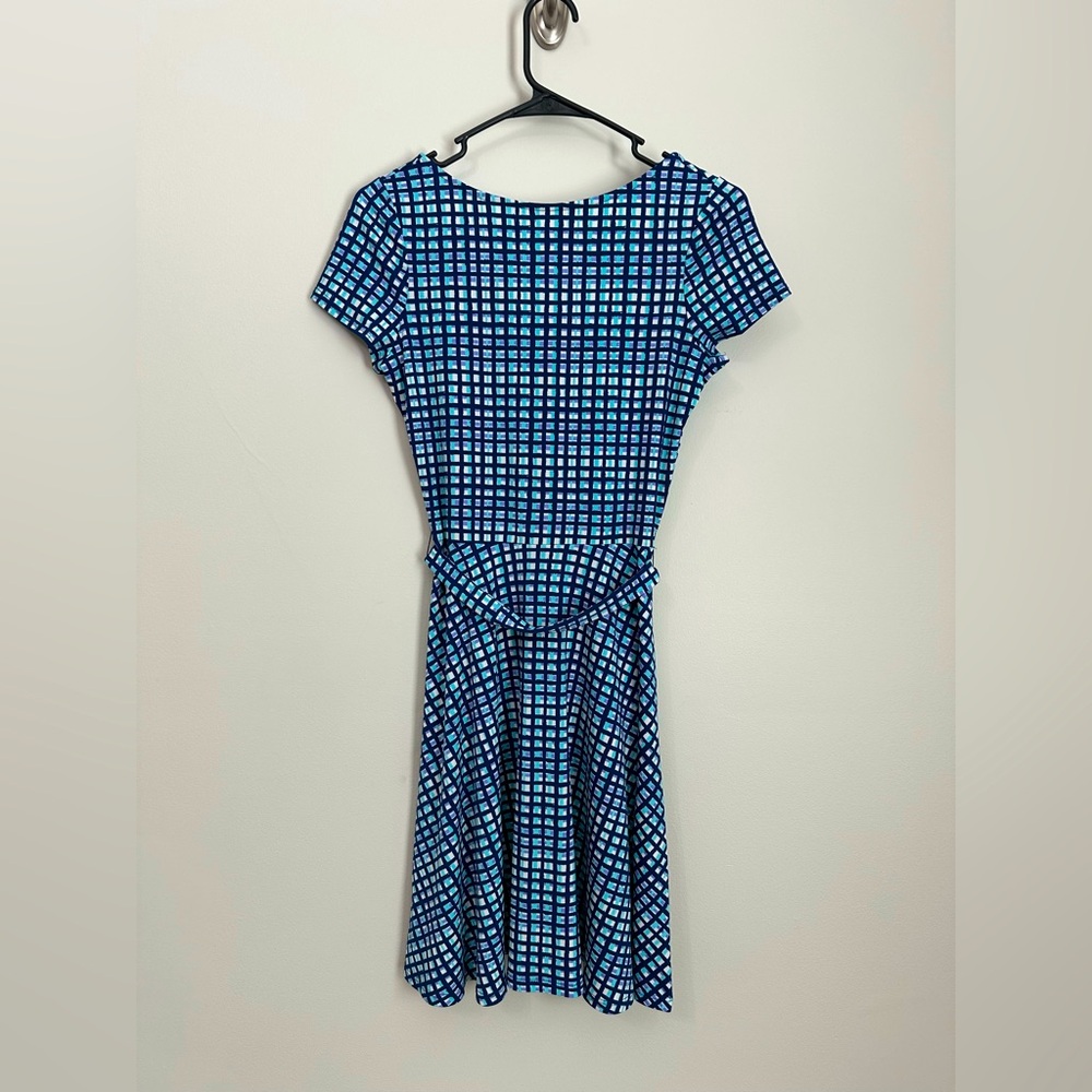 Leota Fit & Flare Scoop Back Blue Checkered Dress